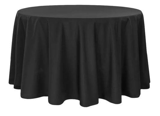 Black round tablecloth on a white background with EventalRental logo.