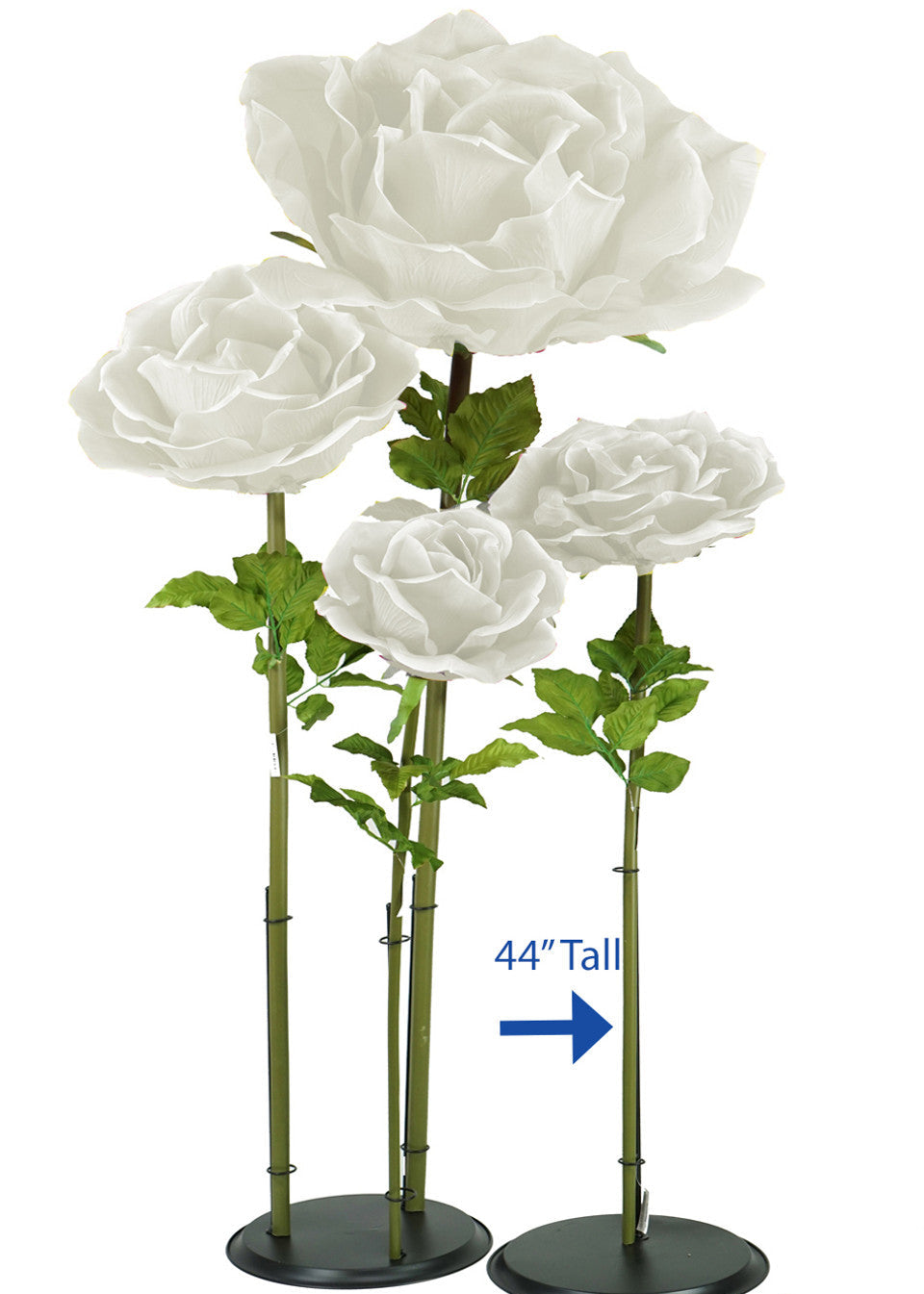Set of three white overszed artificial roses on stands with a measurement label indicating height.